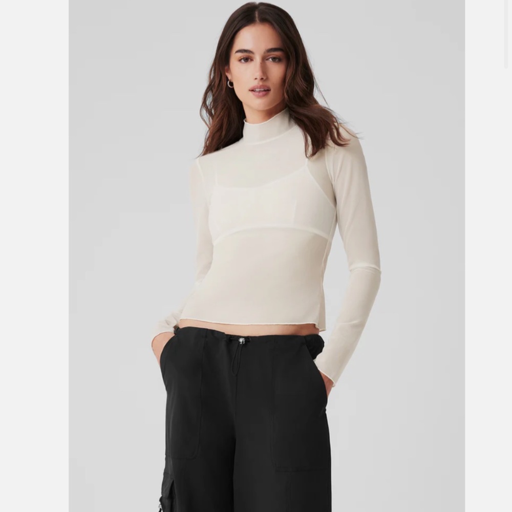 Alo Mesh Sheer Illusion Mock Neck Long Sleeve Ivory Size small